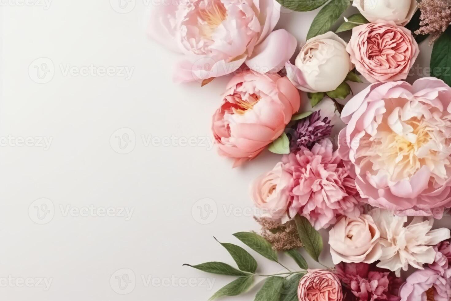 Peonies, roses on white background with copy space. Abstract natural floral frame layout with text space. Romantic feminine composition. Wedding invitation. photo