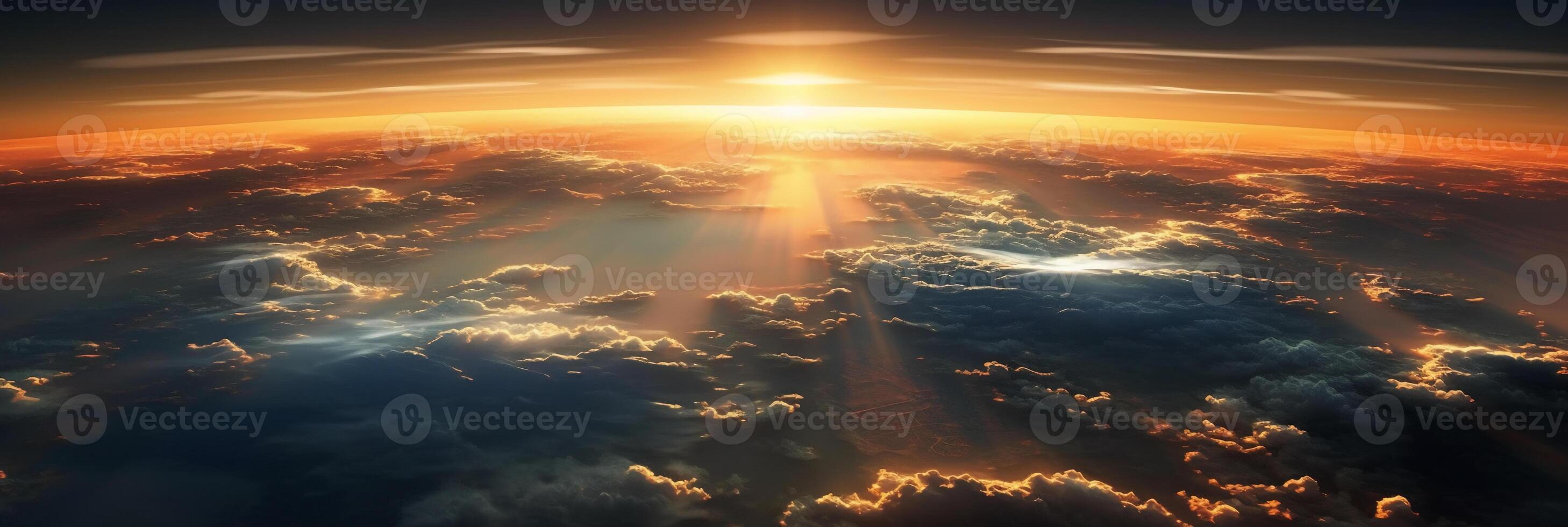 The view from the plane window to the sunset. Aerial view. photo