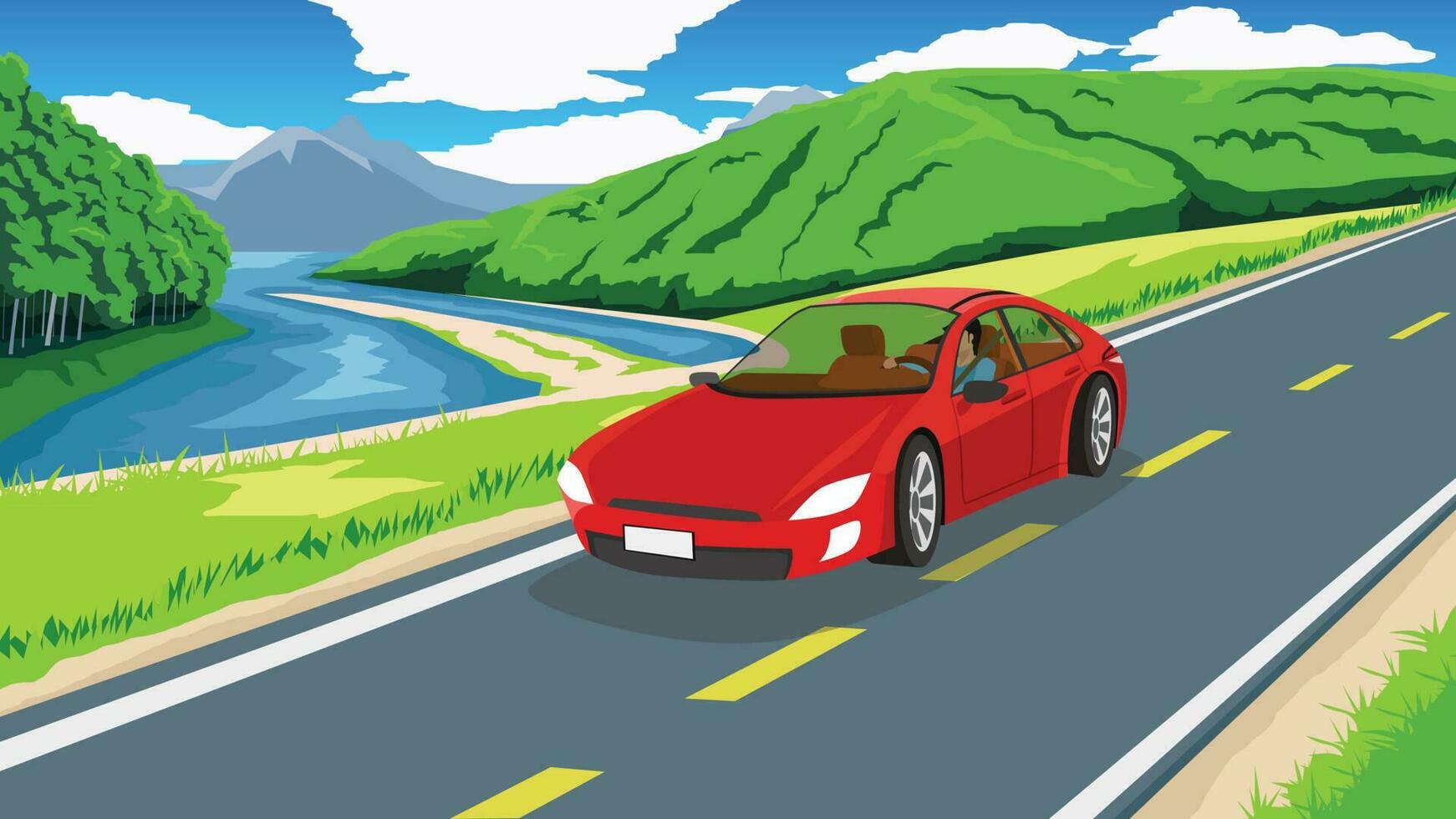 Driving man inside electric vehicle sport red car on empty road. Eco area of asphalt road with river and forest. Background of mountain under blue sky and white clouds. vector