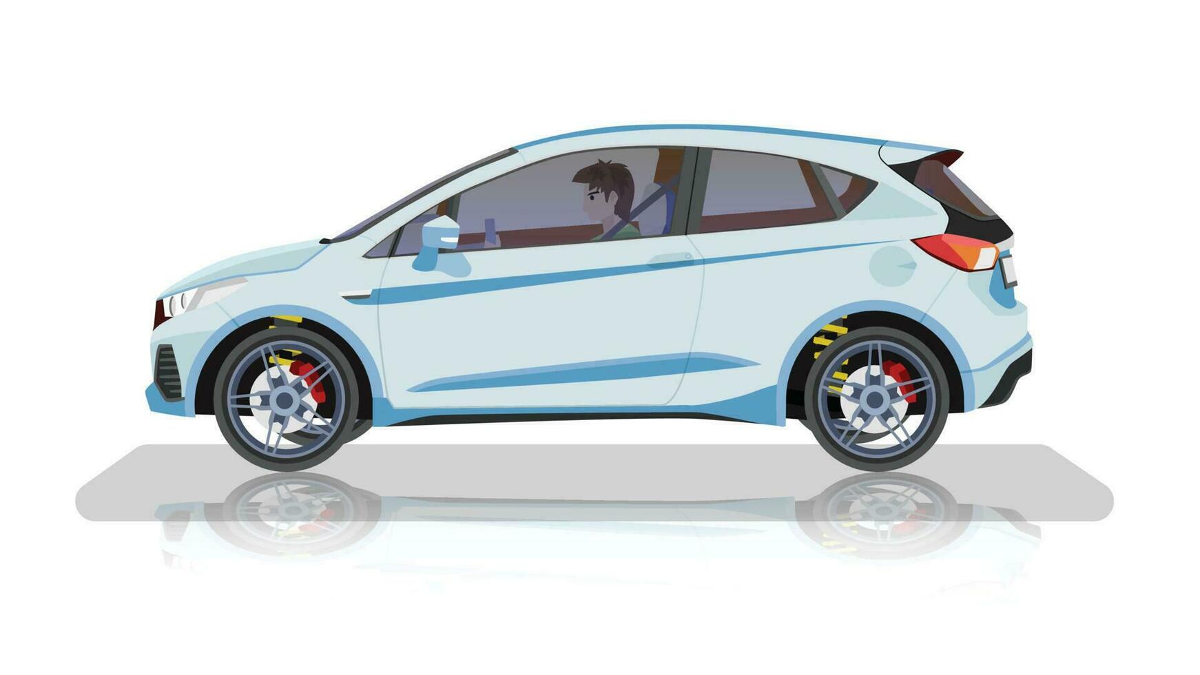 Concept vector illustration of detailed side of a flat soft blue Hatchback car. Driving man inside car. With shadow of car on reflected from the ground below. Isolated white background.