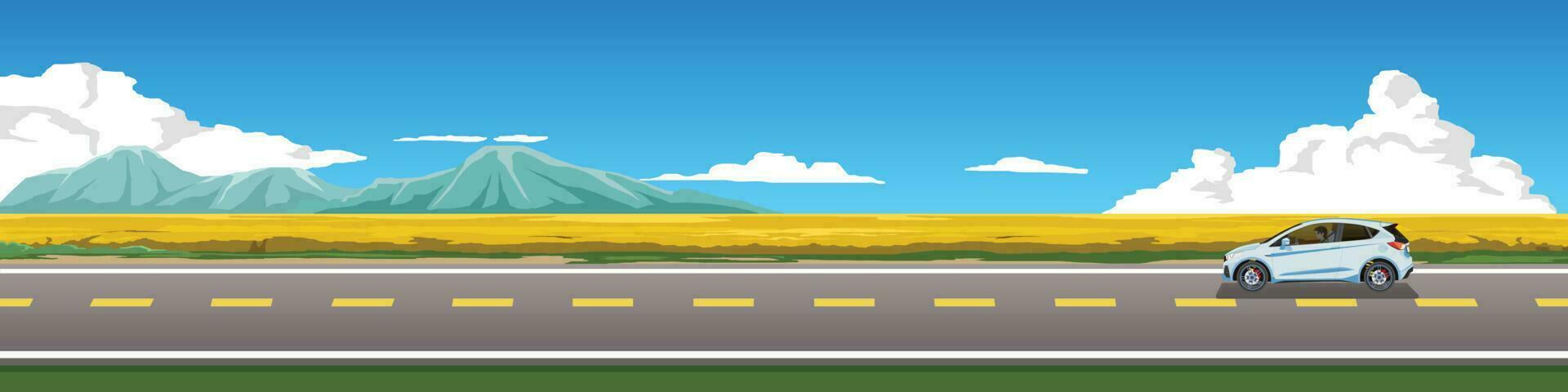 Happy family  car for banner. Car hatchback for travel.  Asphalt road near field of bright yellow flowers and mountain under clear sky for winter travel. Copy Space Flat Vector. vector