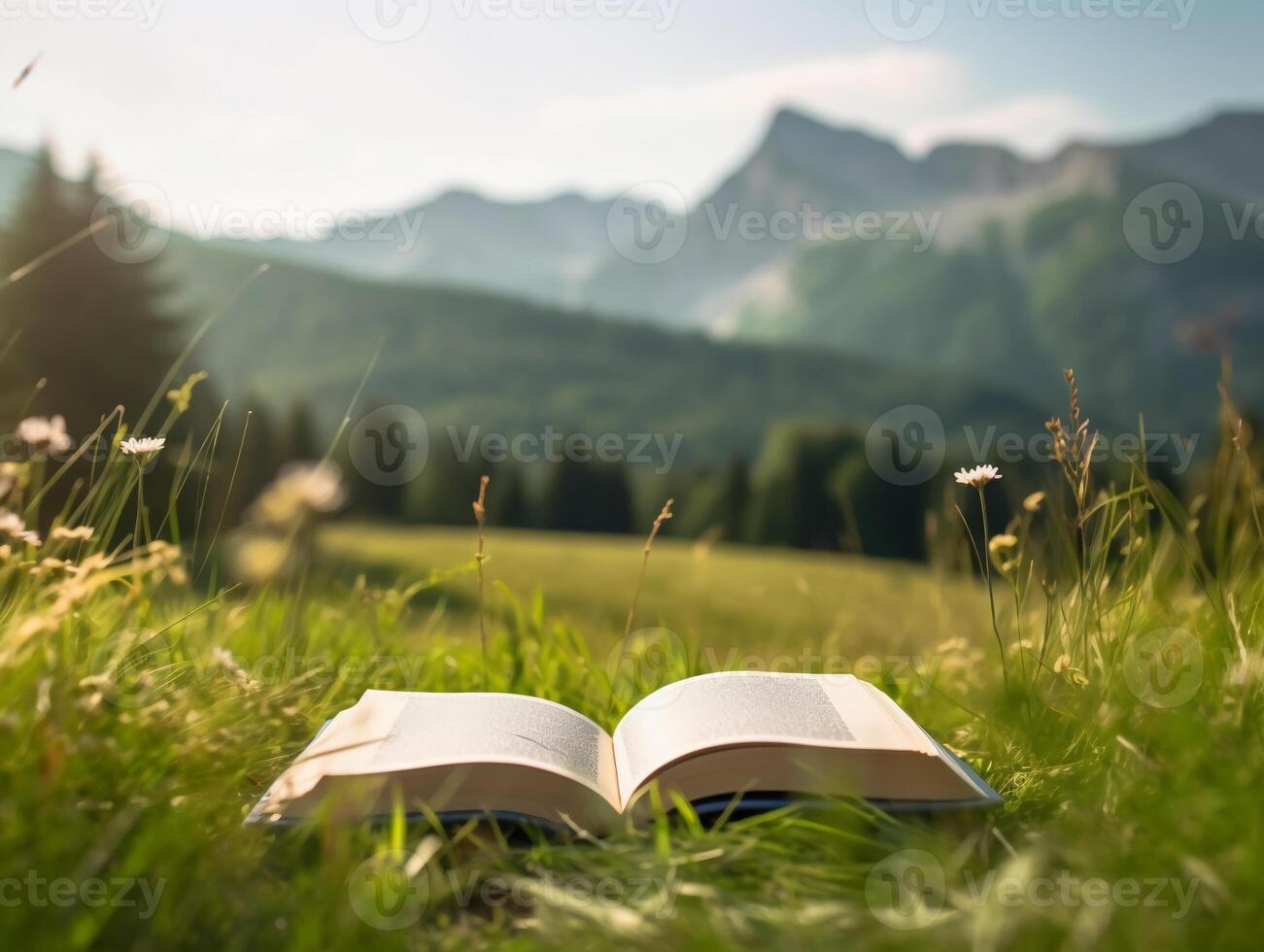 Book on the meadow with mountain at background. photo