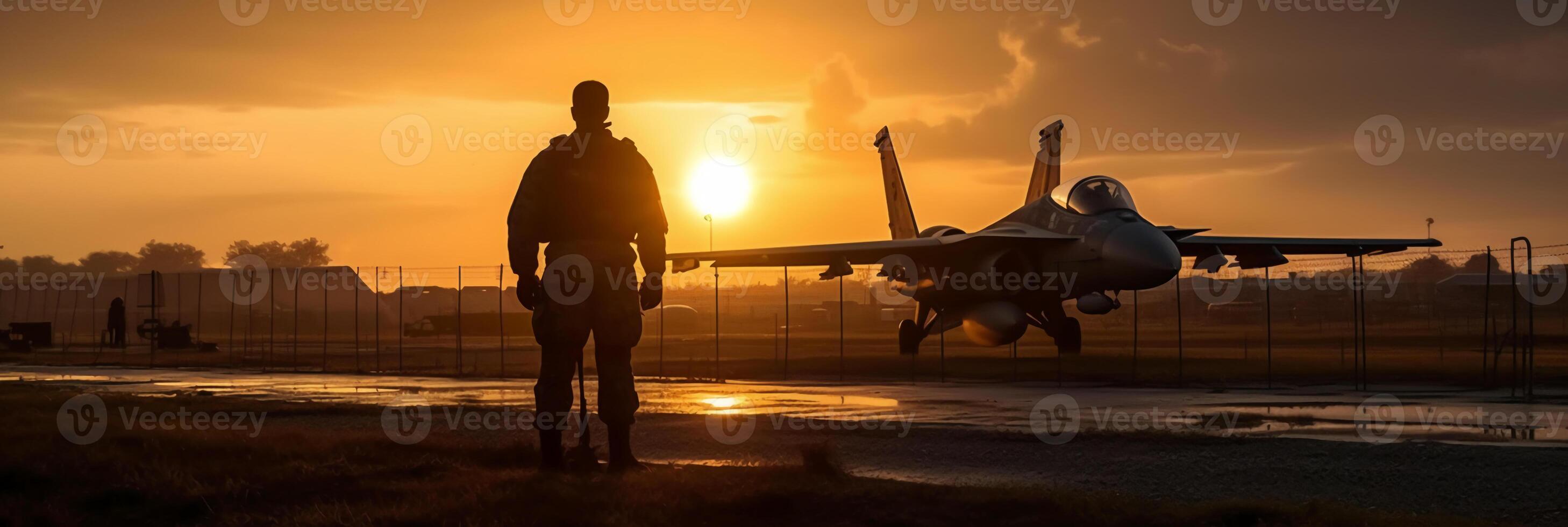 Sunset backlit view of military fighter jet pilot beside parked military airforce plane next to barracks or hangar as wide banner with copyspace area for world war conflicts. photo