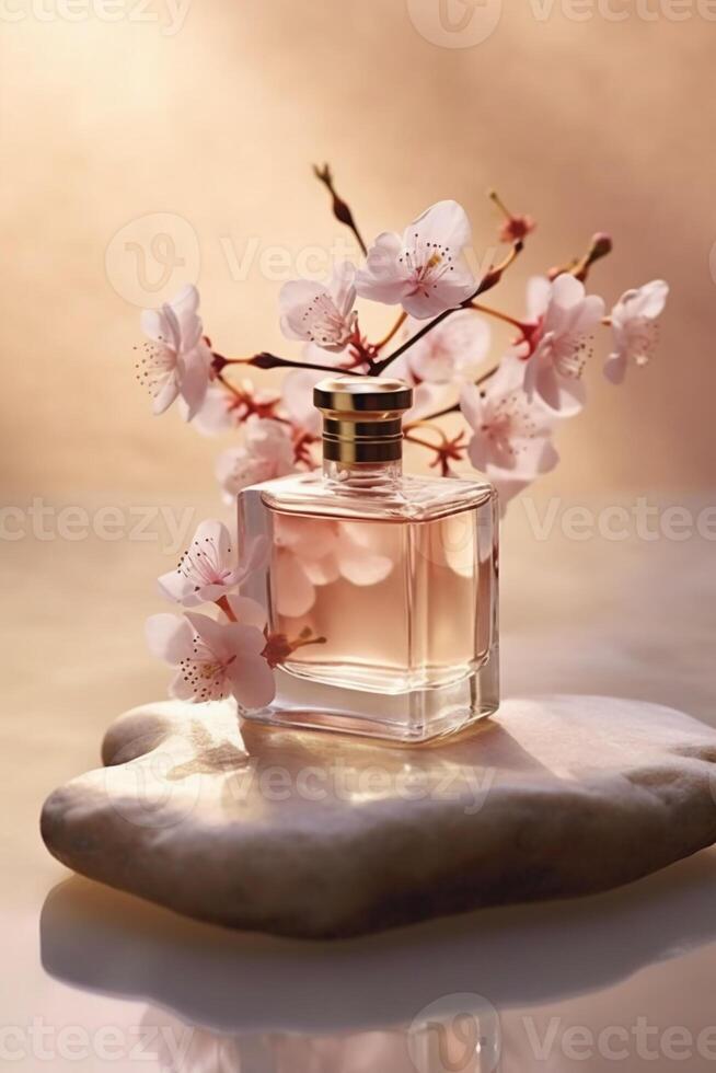 Still life photography, transparent perfume bottle in the center, stones, branches, flowers. photo