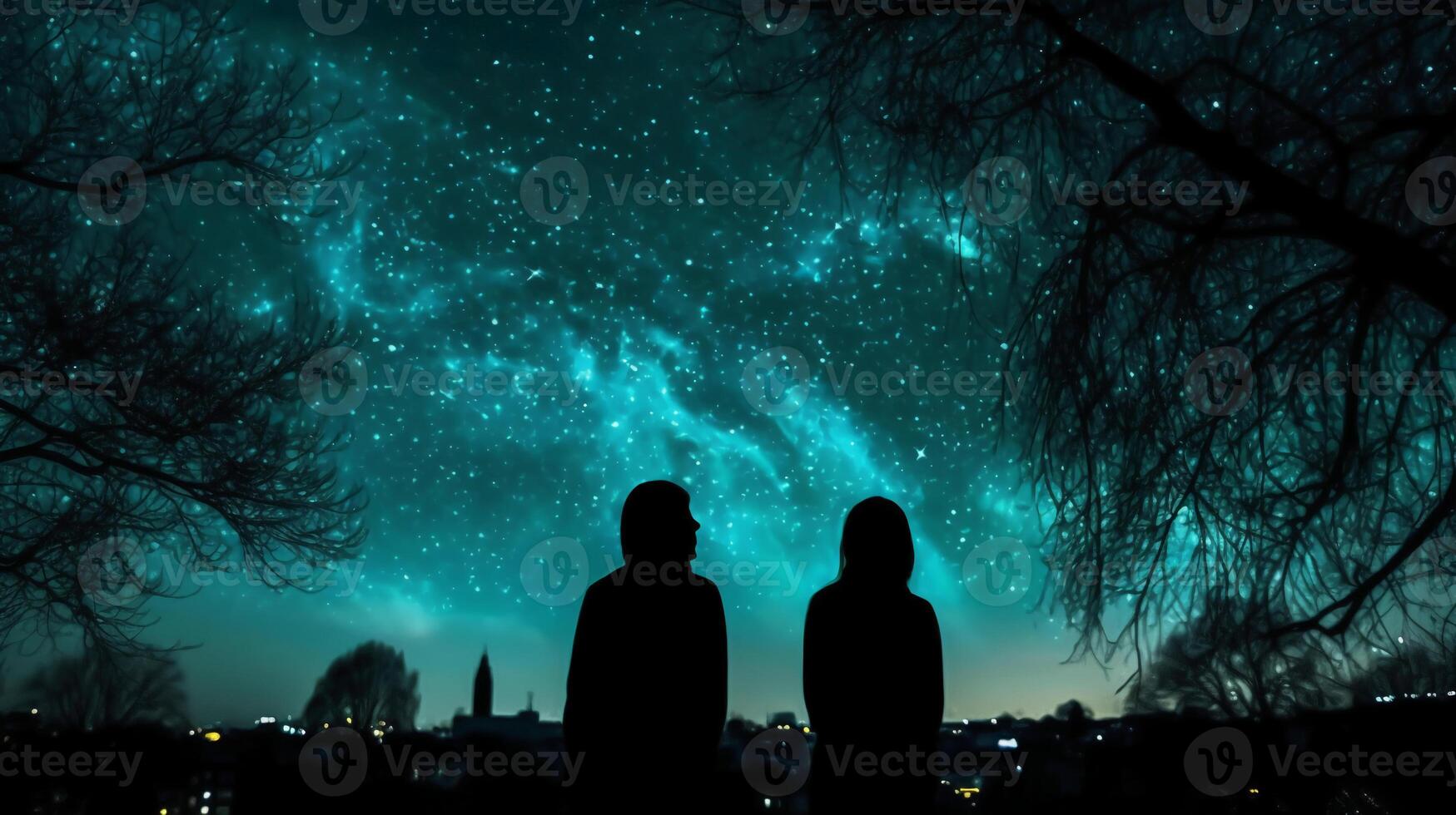 Silhouettes of two stargazing woman saying goodby, surrounded by trees and the contour of london city in the background. photo