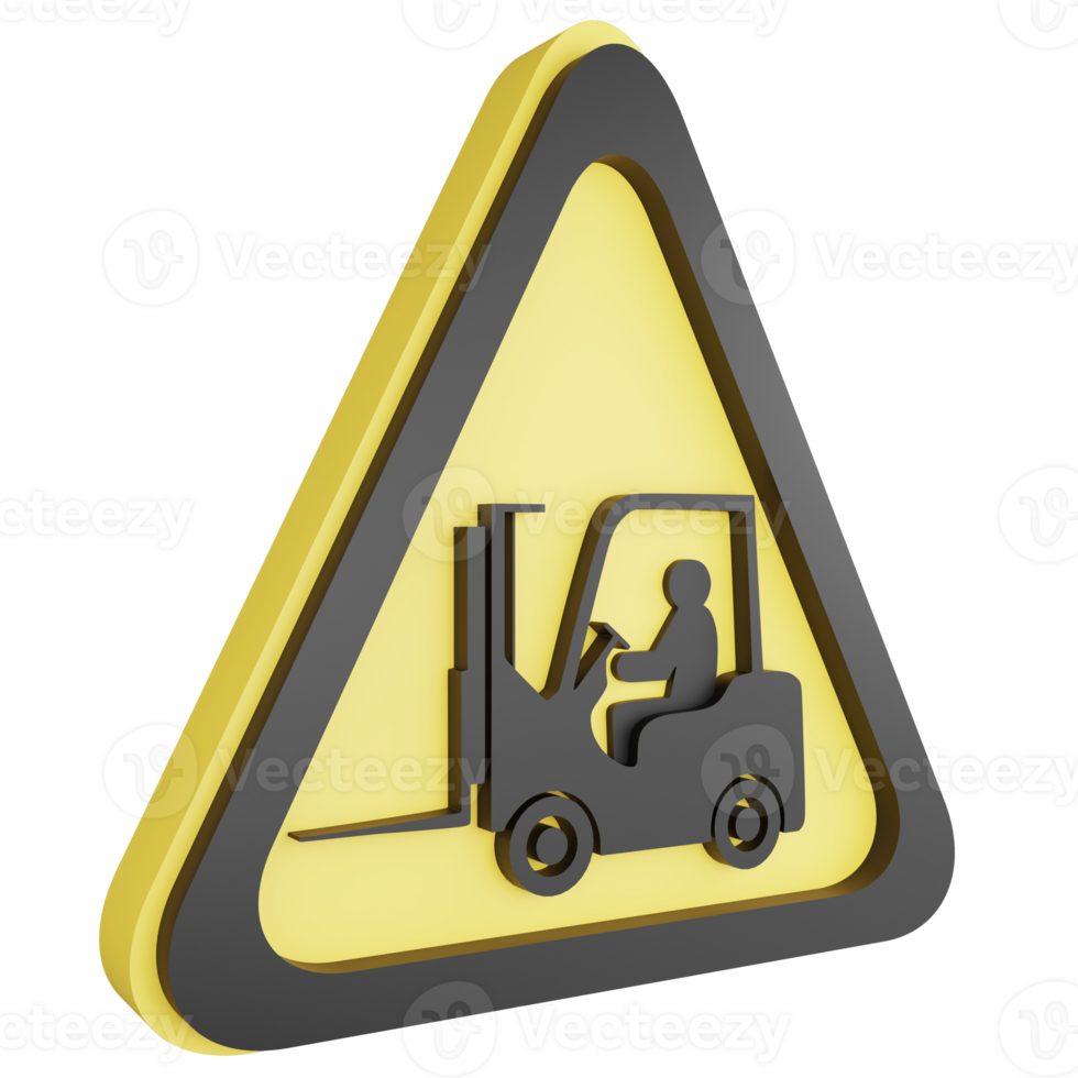 3D render danger forklift sign icon isolated on transparent background, yellow cautionary sign png