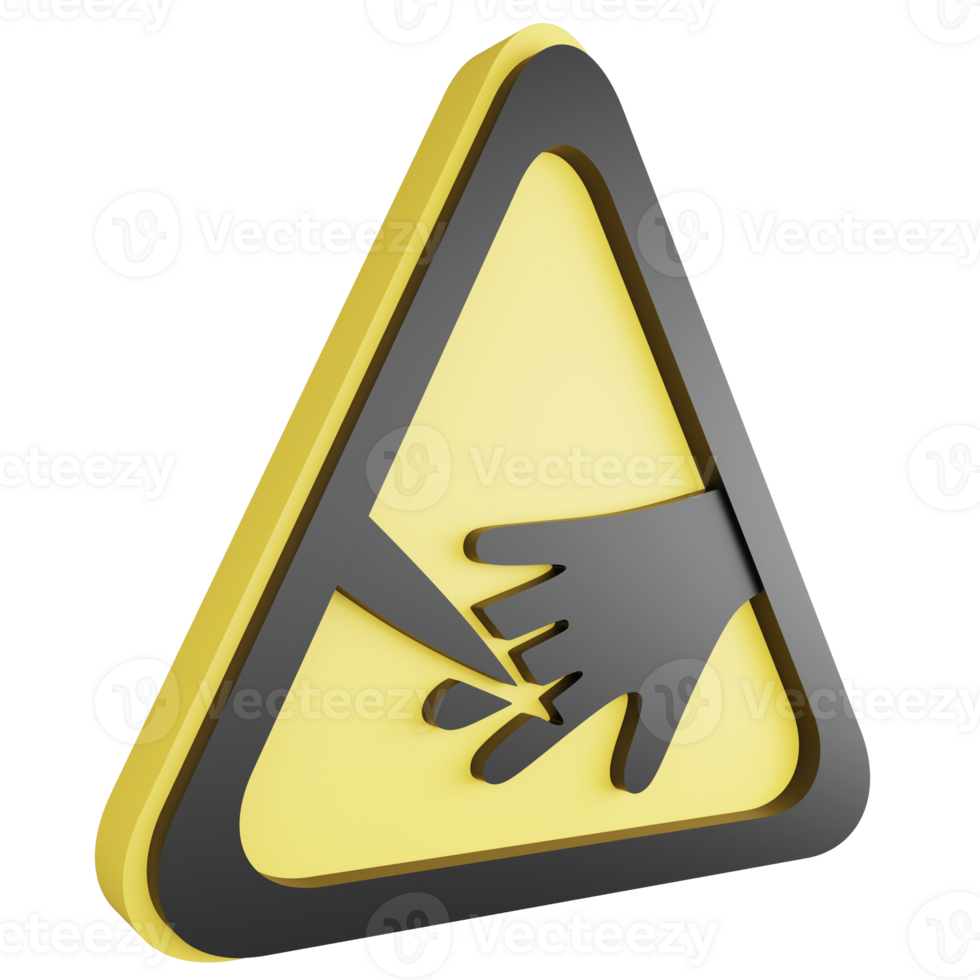 3D render beware sharp elements sign icon isolated on transparent background, yellow cautionary sign png