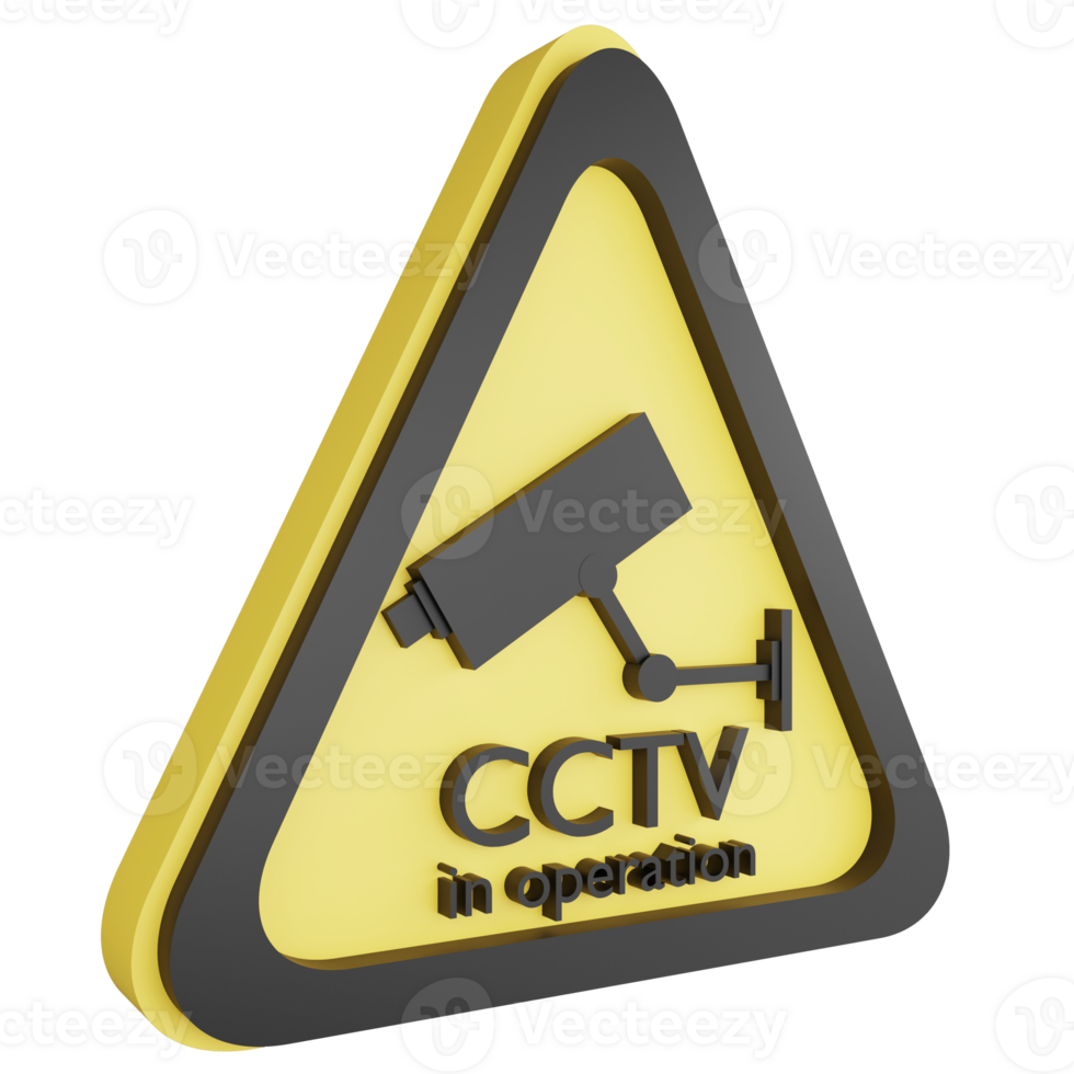 3D render cctv in operation sign icon isolated on transparent background, yellow cautionary sign png