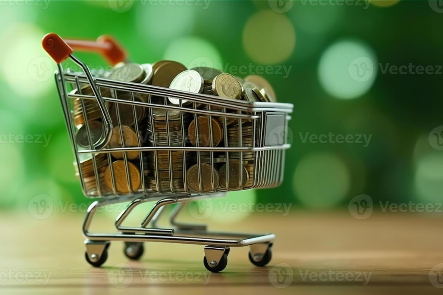 Finance and money concept. coins in shopping carts on light bokeh green background. photo