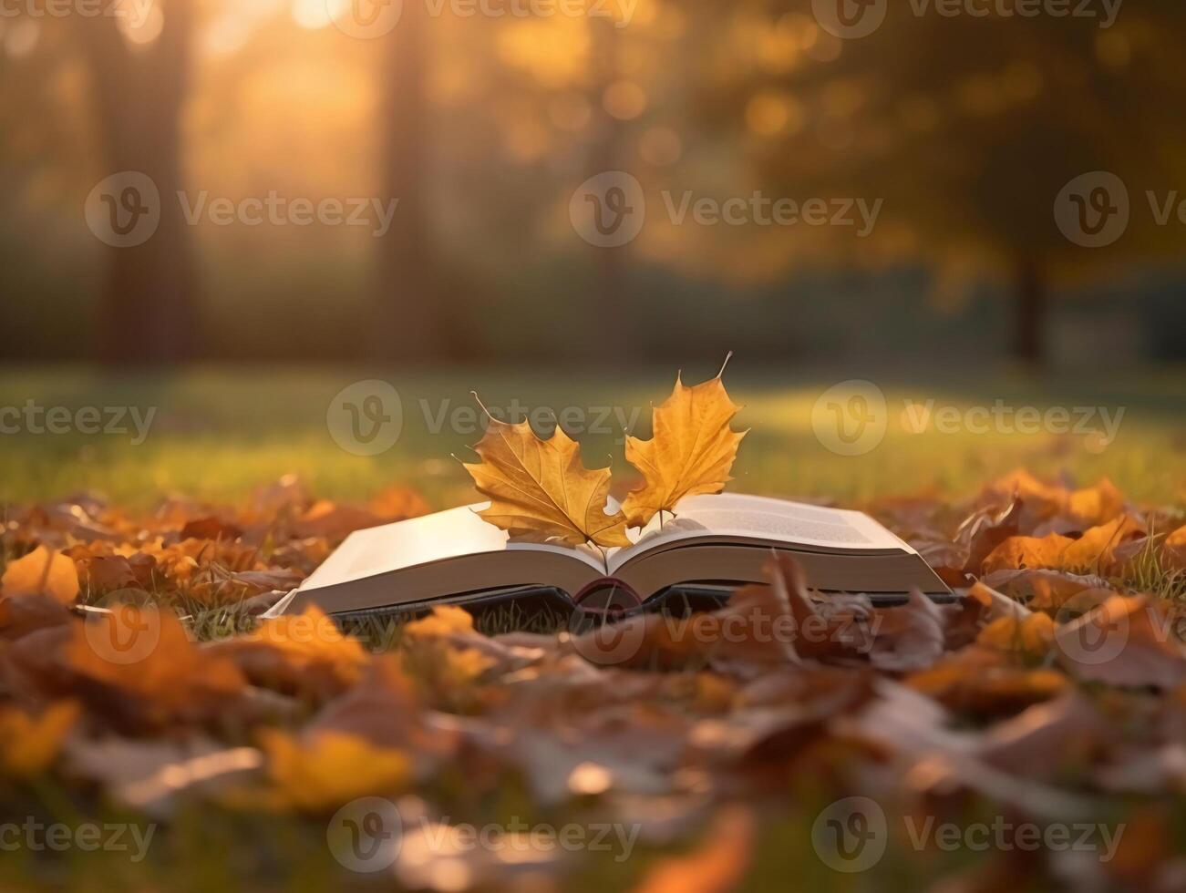 Book on a leaf with maple tree at background. photo
