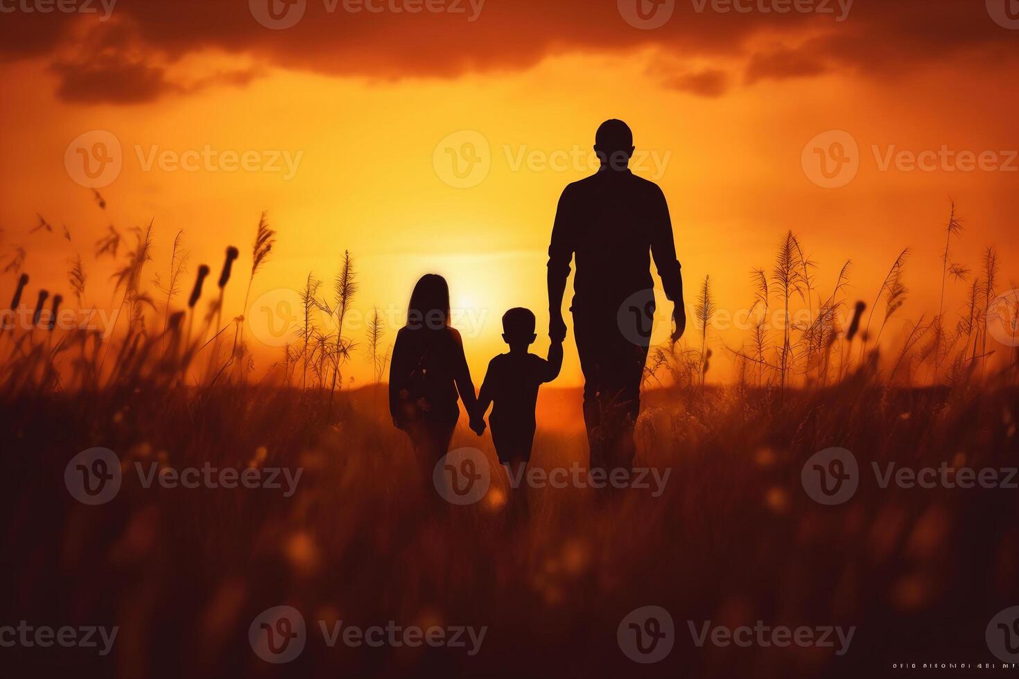 Silhouette of happy family walking in the meadow at sunset. photo