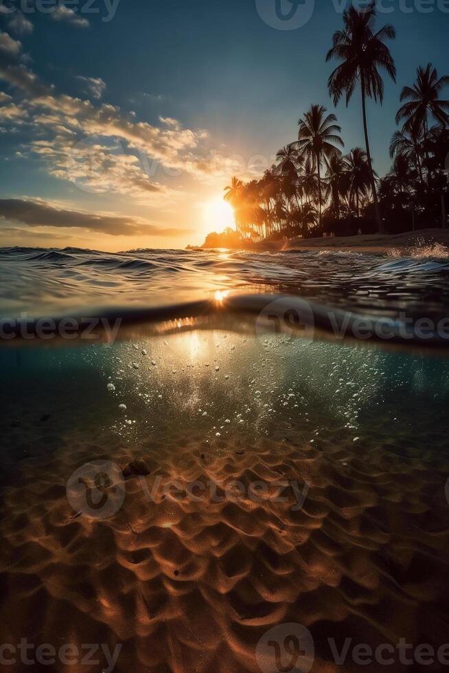 Photograph of beautiful inviting beach scene with sunset sky. photo