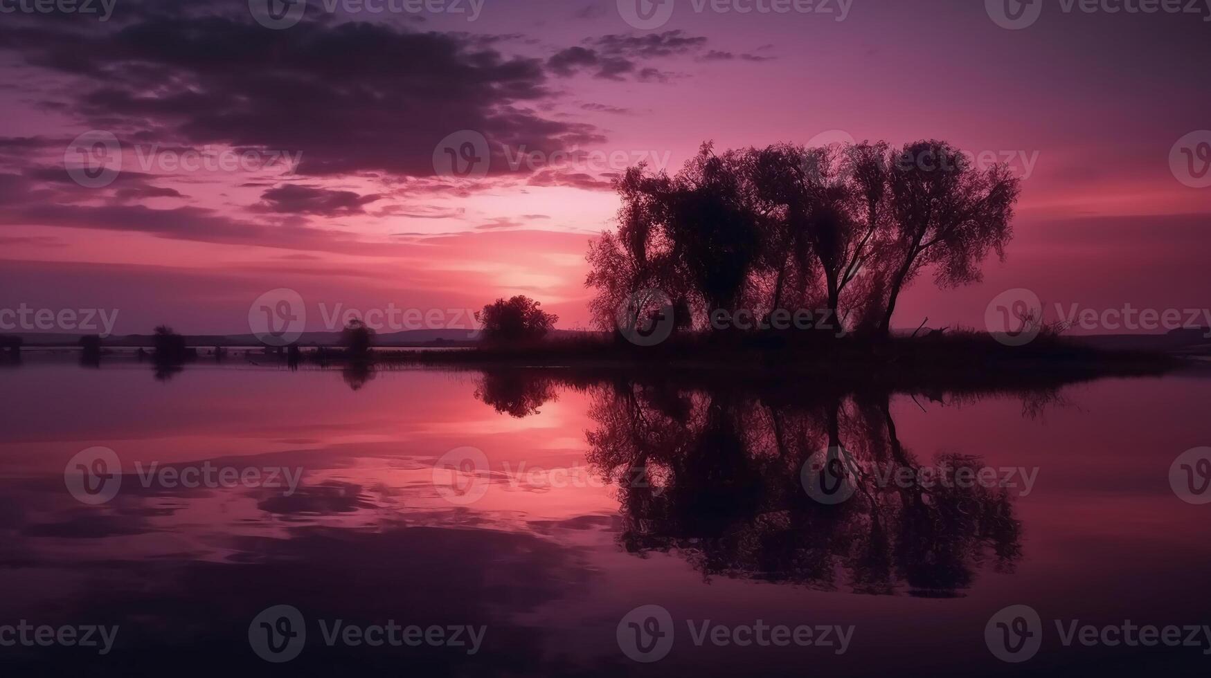 un escena en cuales el todo púrpura cielo es reflejado en el agua. ai generativo foto