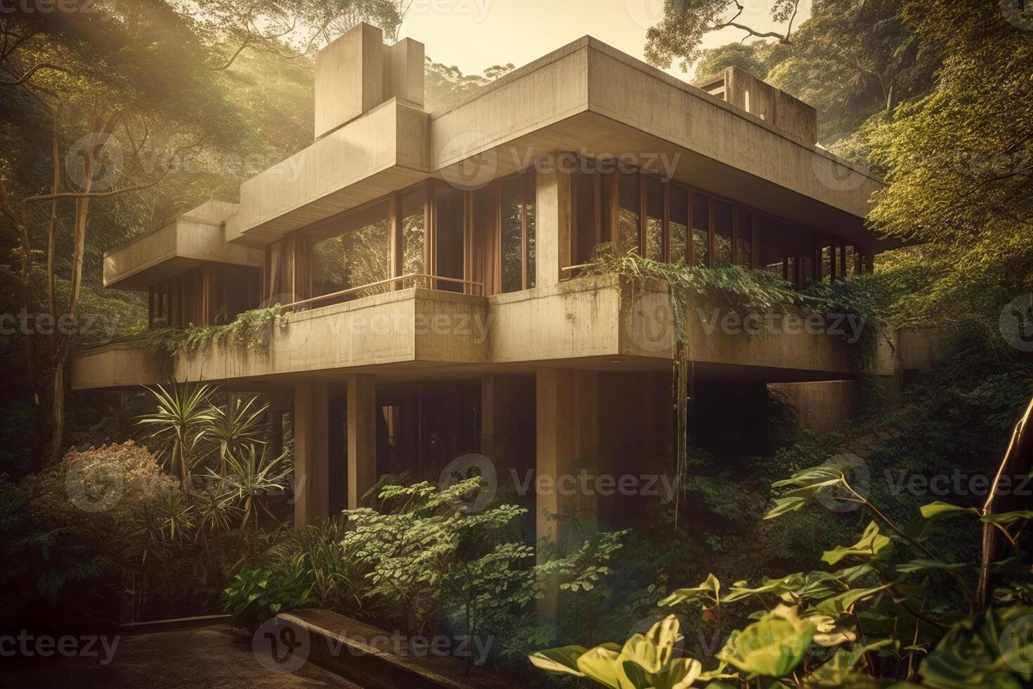 inspired new house in the brasilian jungle, brutalist, waterfalls, concrete, late in the day, sunshine through trees, view from parking towards glass patio, wide shot. photo