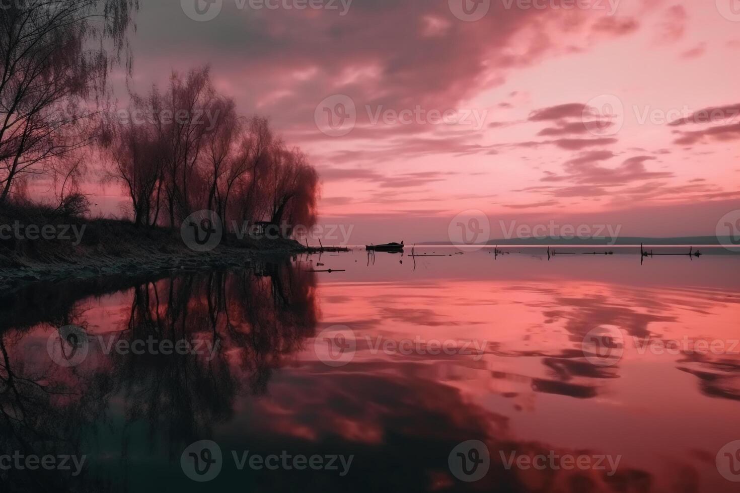 un escena en cuales el todo rosado cielo es reflejado en el agua. ai generativo foto