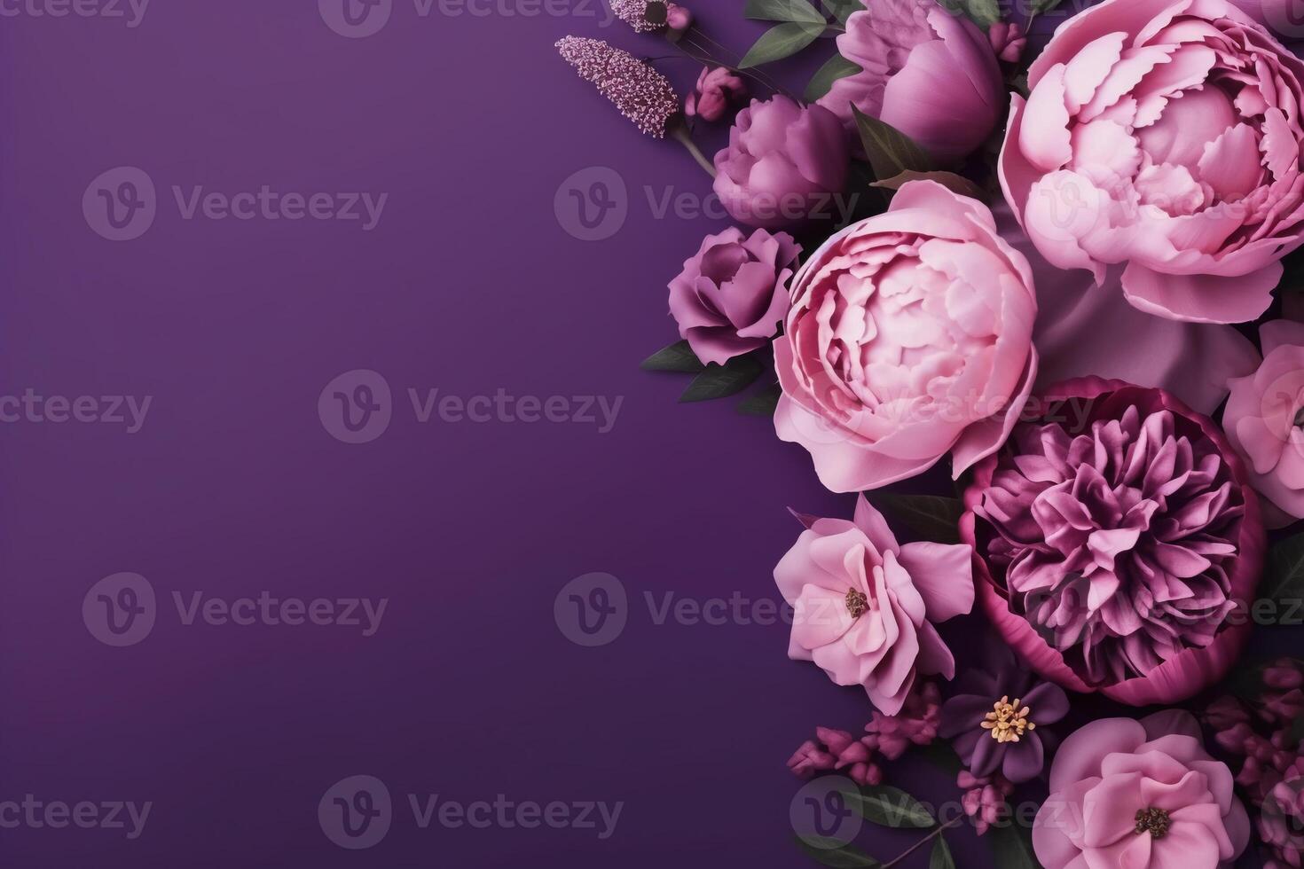 peonias, rosas en púrpura antecedentes con Copiar espacio. resumen natural floral marco diseño con texto espacio. romántico femenino composición. Boda invitación.. ai generativo foto