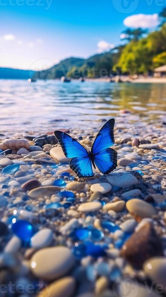 blue transparent pebbles on the beach. photo