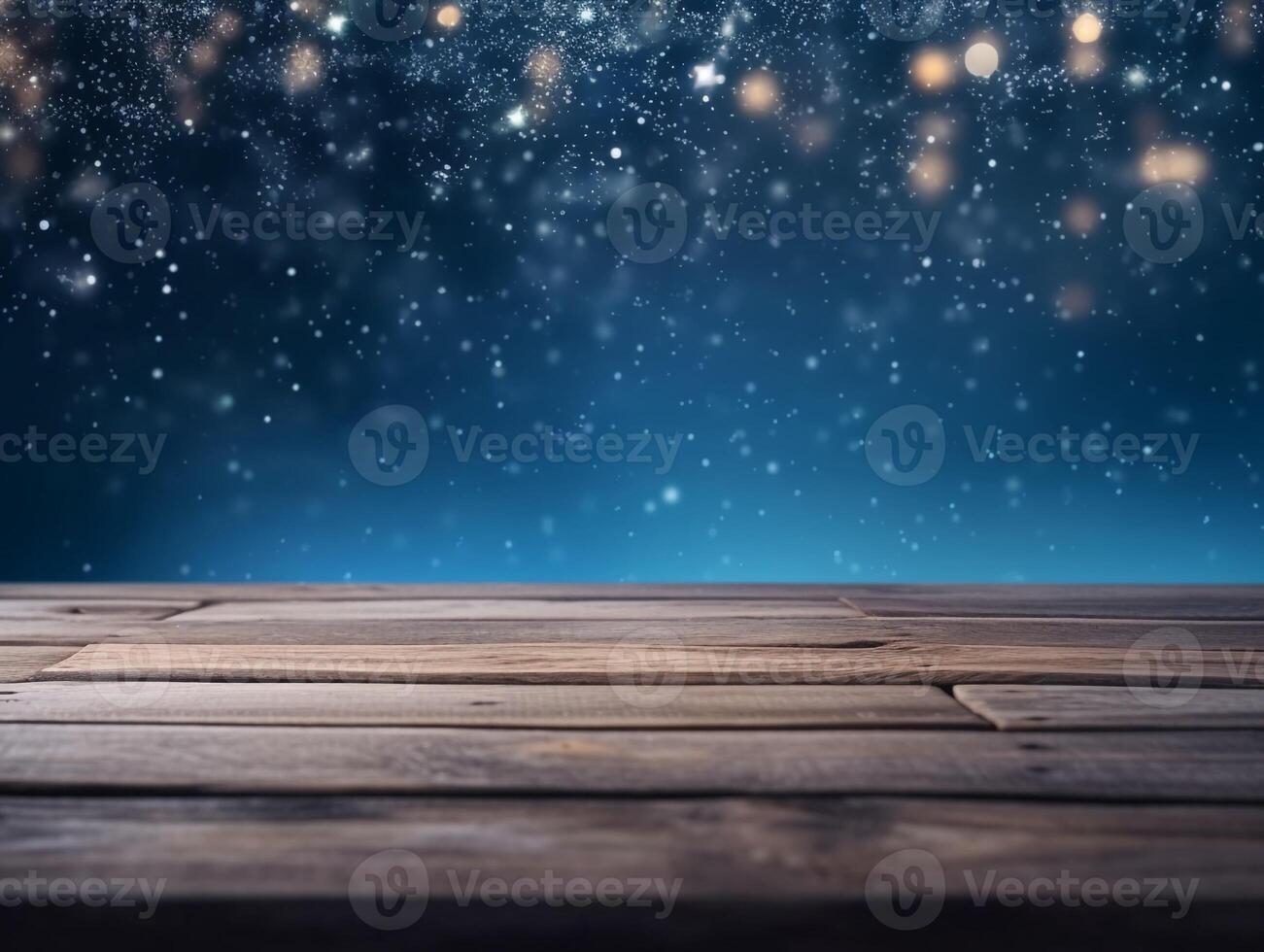 Winter snowy stage background with wooden flooring and Christmas lights on blue background, banner format, copy space. photo
