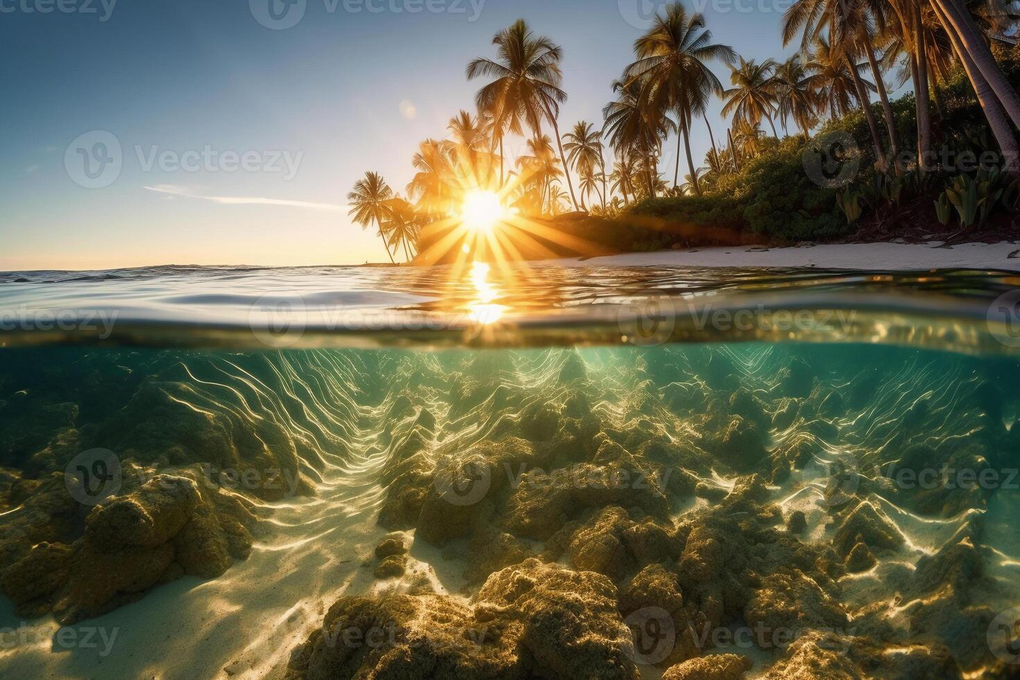 Photograph of beautiful inviting beach scene with sunset sky. photo