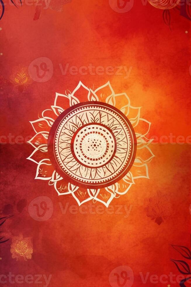 orange Pantone color background paper texture Rangoli pattern painting. photo