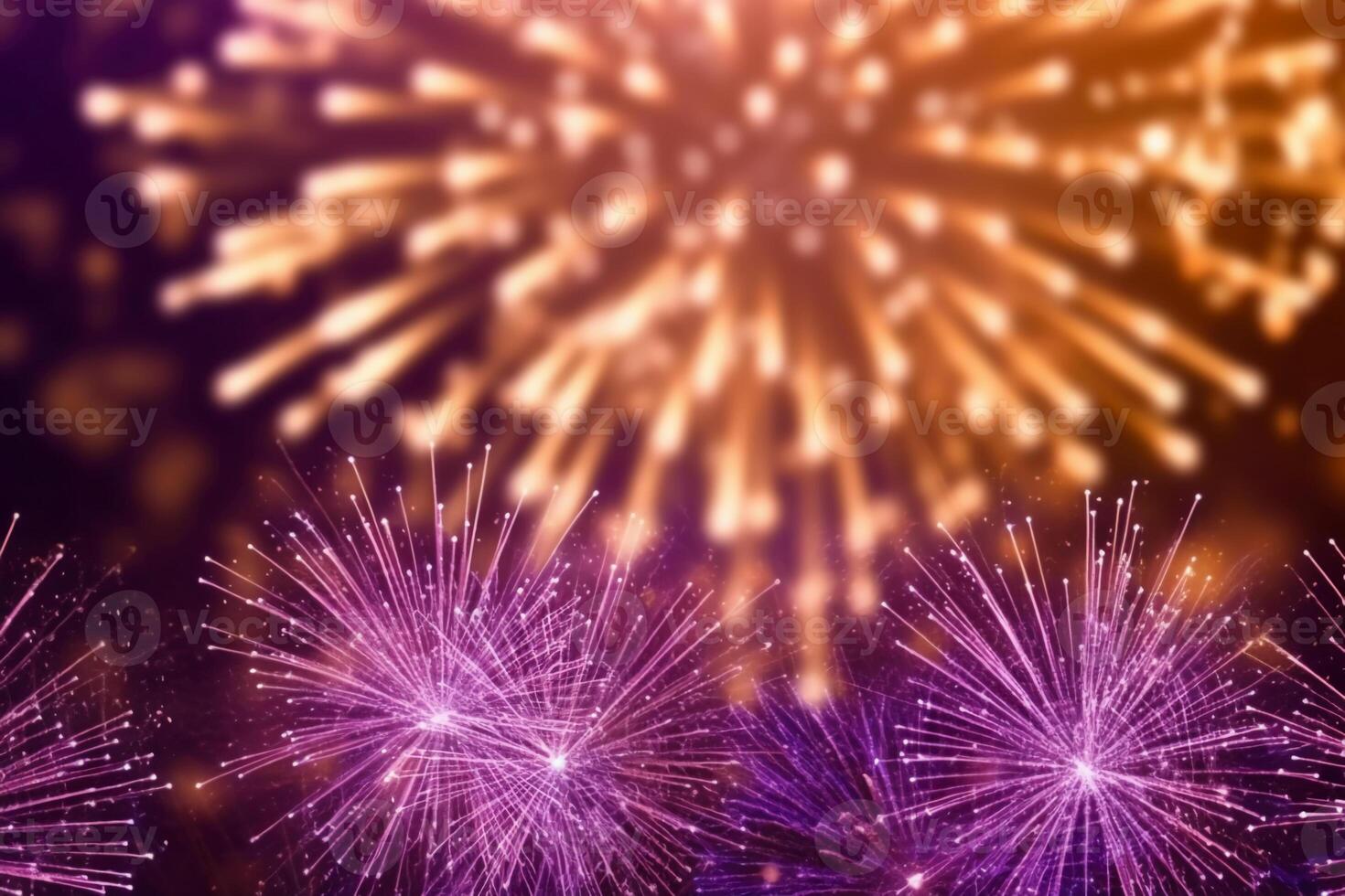 Gold and purple Fireworks and bokeh in New Year eve and copy space. Abstract background holiday, photo