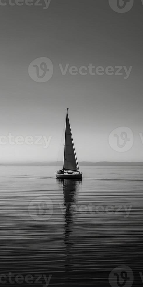 white image of a lone sailboat on a calm sea, photo