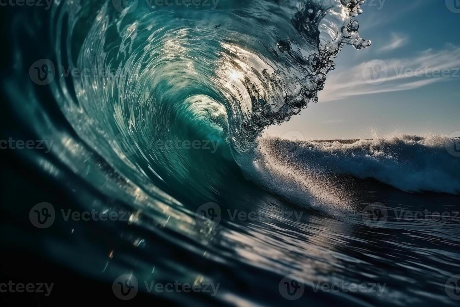 Tropical blue surfing wave. Sunshine in the wave barrel. No people. Beautiful deep blue tube wave in the Ocean. photo