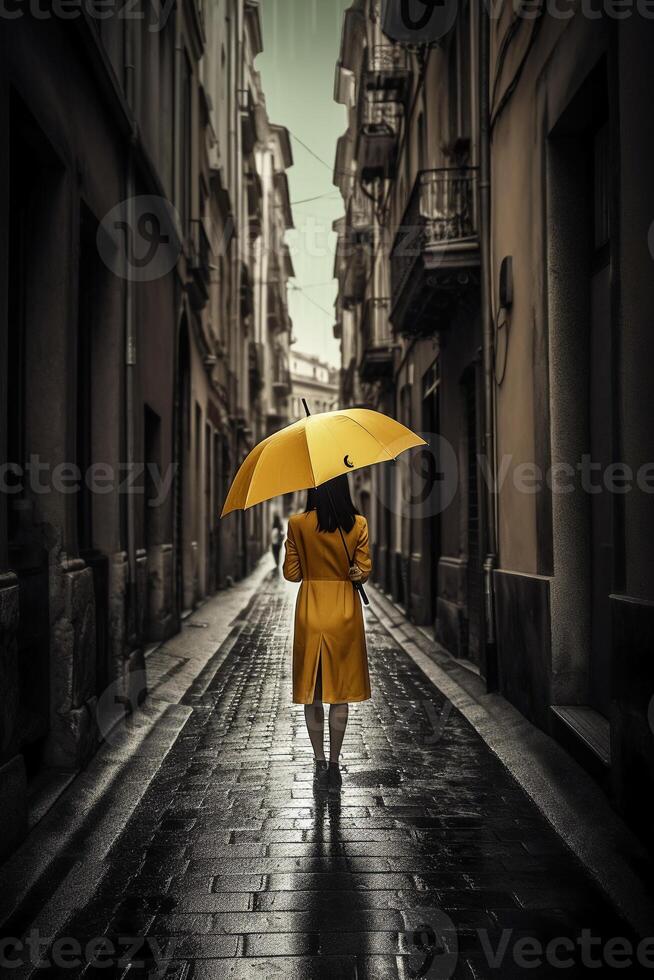 Yellow umbrella in hand of woman walking on a colorless street. photo