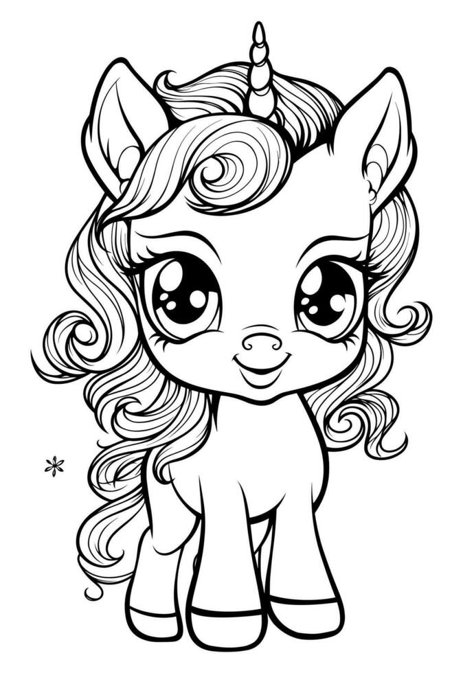 contento adorable linda unicornio colorante libro página para niños vector