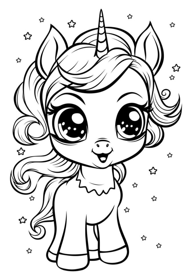 contento adorable linda unicornio colorante libro página para niños vector