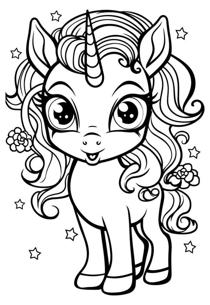 contento adorable linda unicornio colorante libro página para niños vector