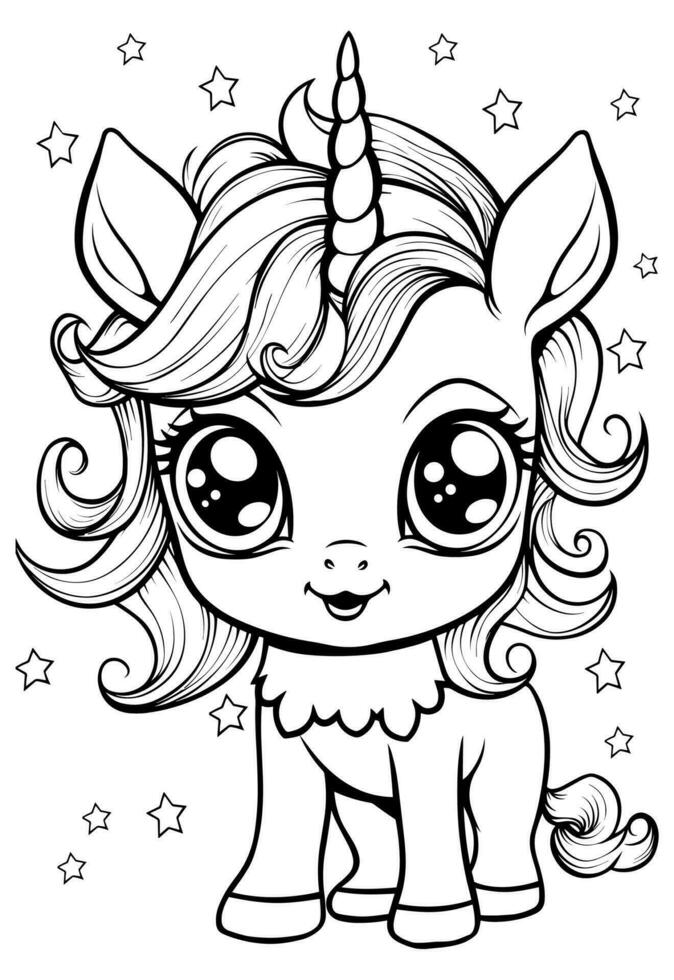 contento adorable linda unicornio colorante libro página para niños vector