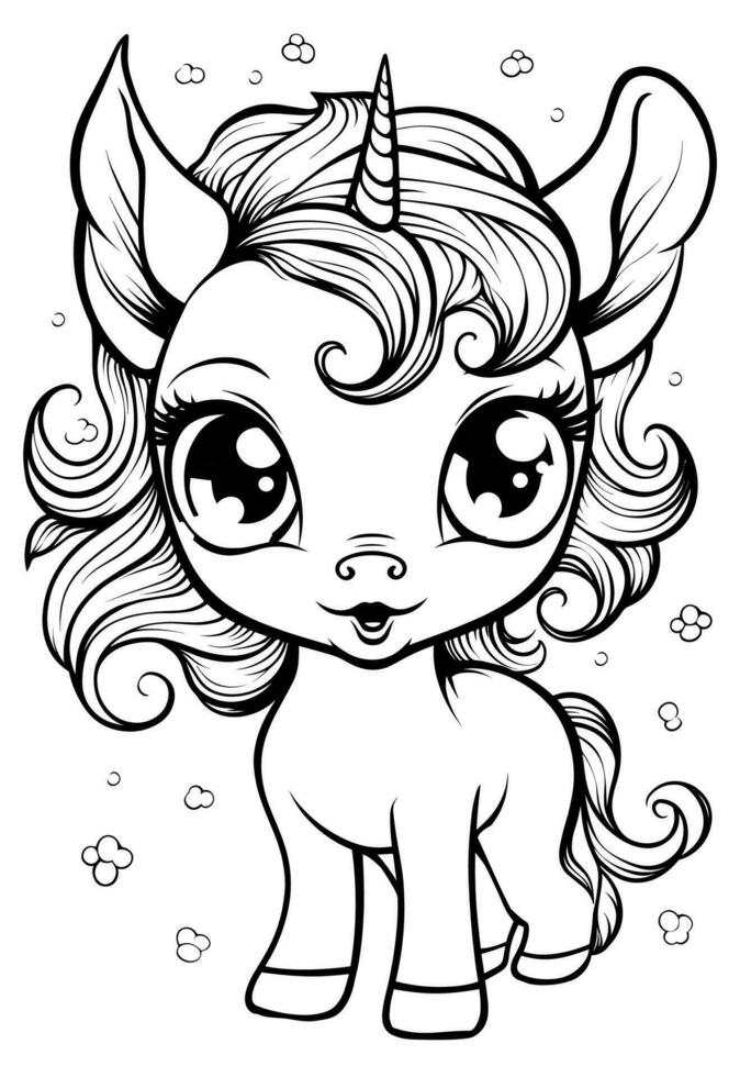 contento adorable linda unicornio colorante libro página para niños vector