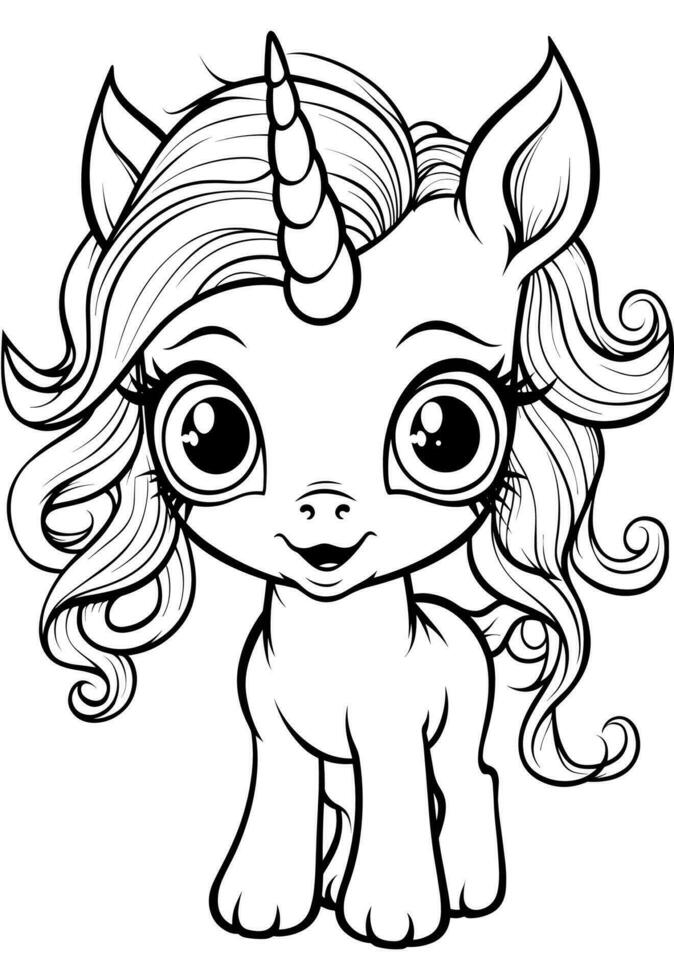 contento adorable linda unicornio colorante libro página para niños vector