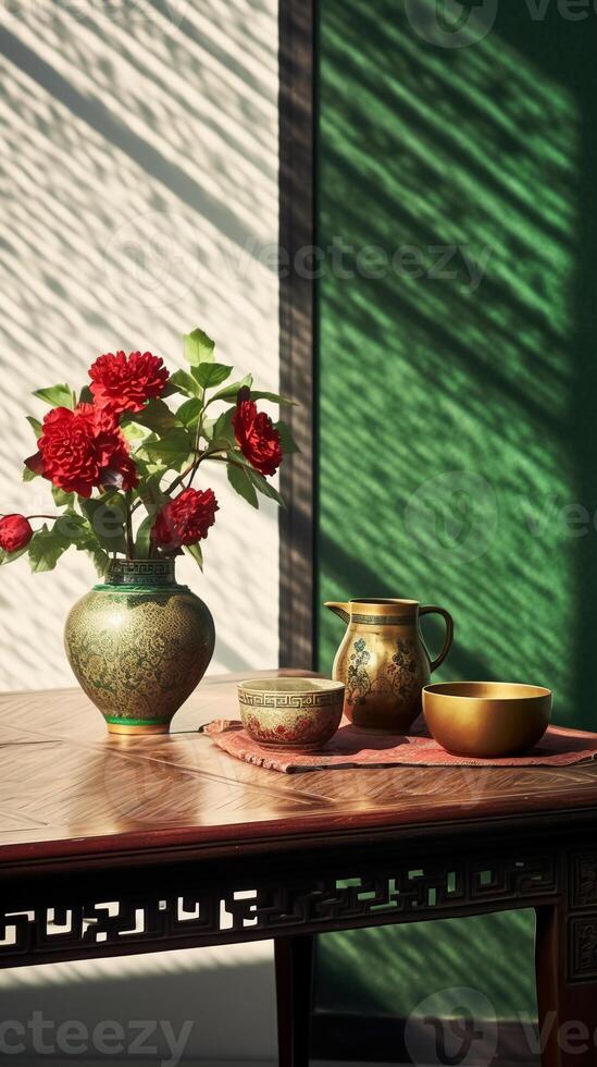 un marrón mesa, de madera, clásico estilo ramo de flores en el Derecha lado de el mesa. ai generativo foto