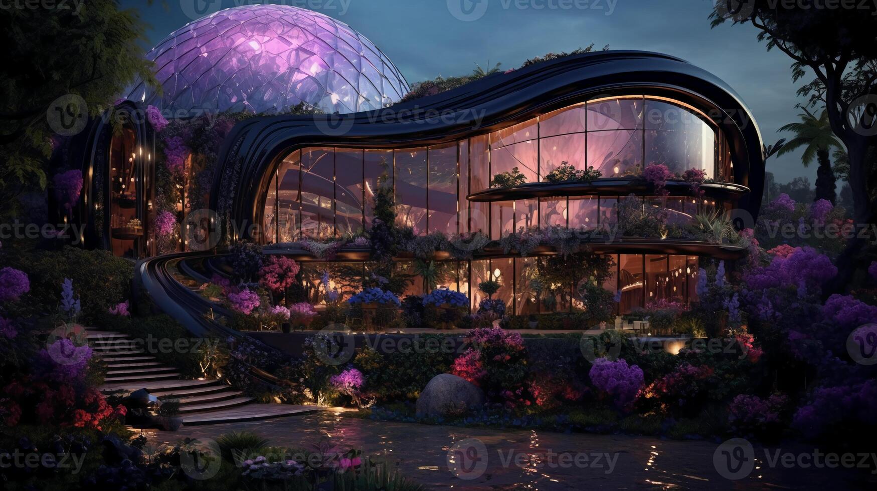 Black house royal exterior, oval villa, maximalism, flowers, devine, aestetic, purple light, hypermaximalist, swarovsky crystals, detailed, exquisite. photo