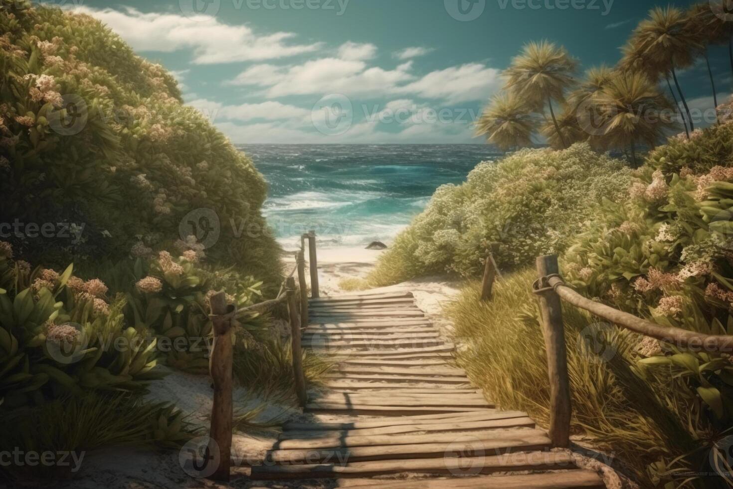 Photorealistic photo of a wooden path to the beach. Blue sky. plam trees, floral wedding arch white flowers.