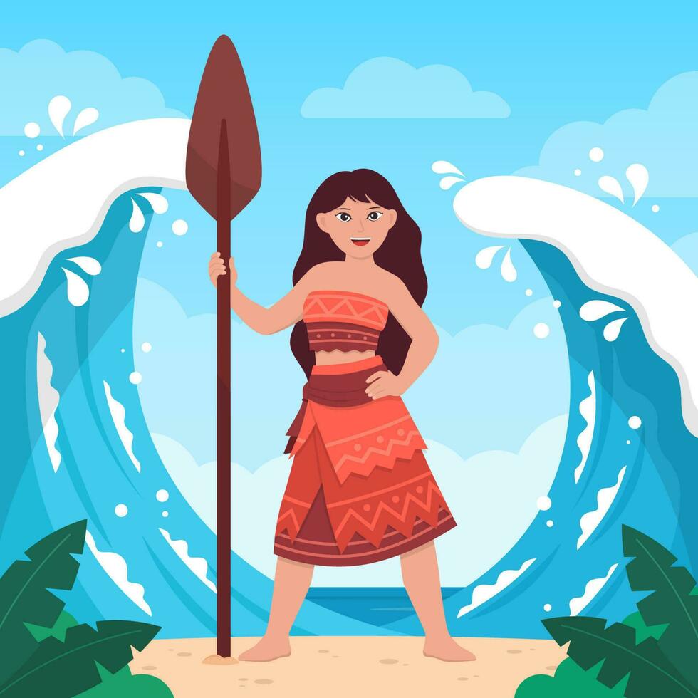 Hawaiian Girl Holding a Paddle at The Beach vector