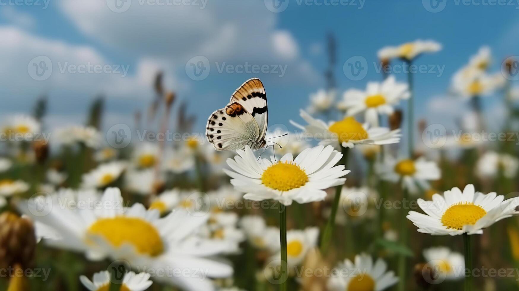 hermosa blanco amarillo margaritas y azul acianos con revoloteando mariposa en verano en naturaleza en contra antecedentes de azul cielo con nubes ai generativo foto