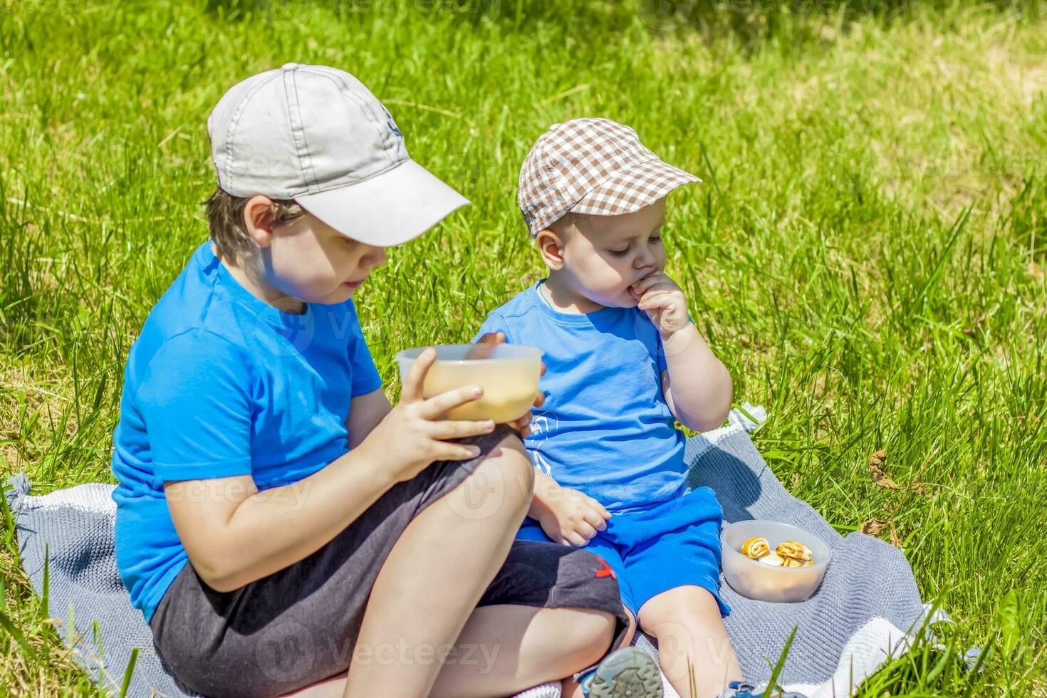 verano y un calentar día. niños en un picnic sentar en un cobija y comer Fruta desde un lámina. En Vivo emociones de el tipo. foto