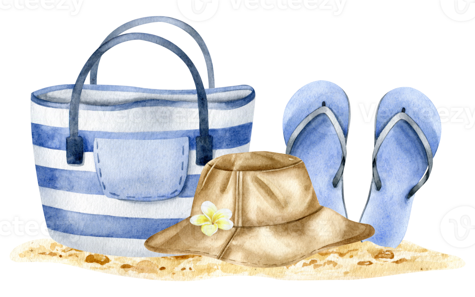 Beach blue flip-flops in the sand. Striped beach bag and panama hat ...