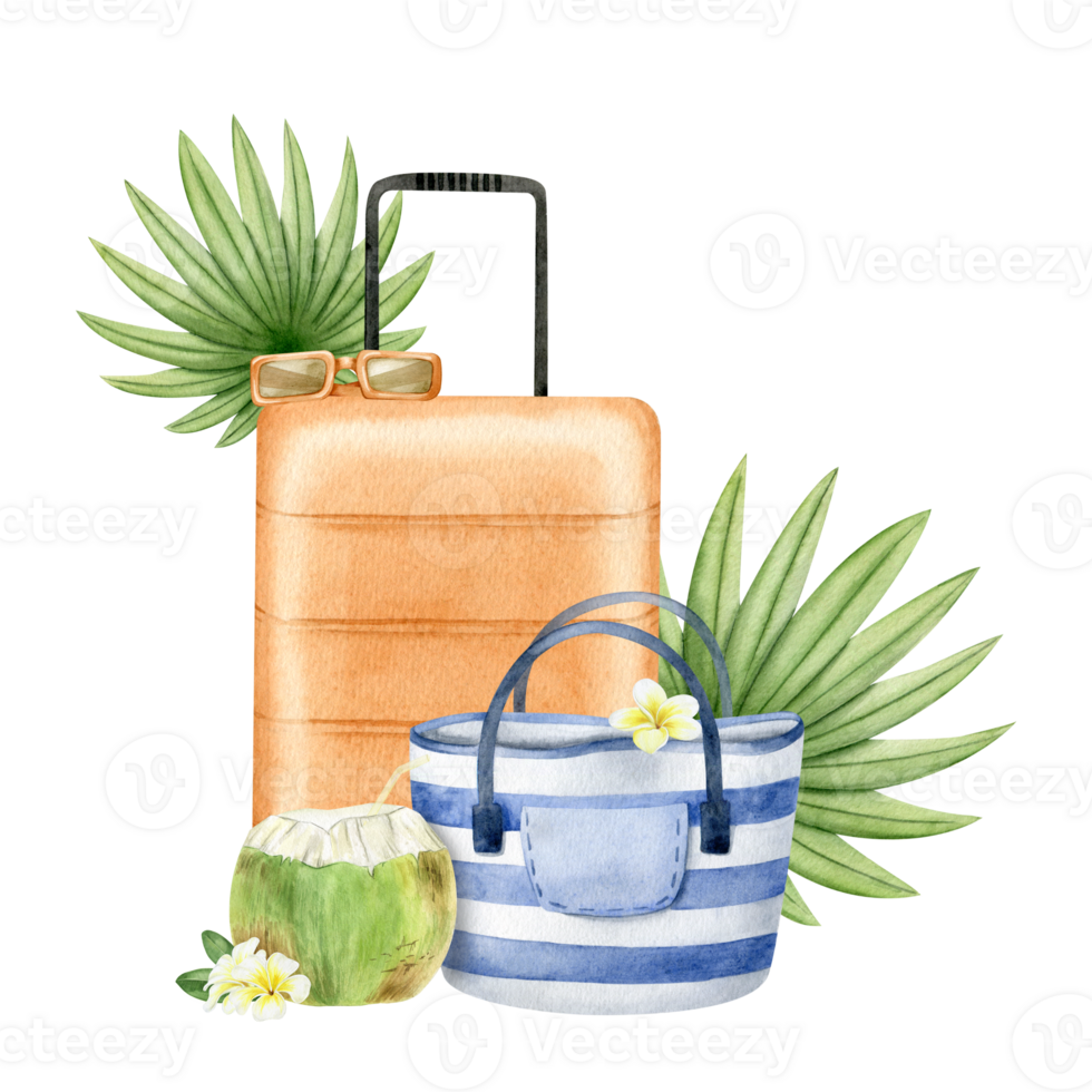 Travel orange suitcase, striped beach bag, sunglasses, coconut cocktail, tropical palm leaves. Tourism. Summer vacation. Watercolor illustration. Isolated. For postcards, marketing, invitations. png