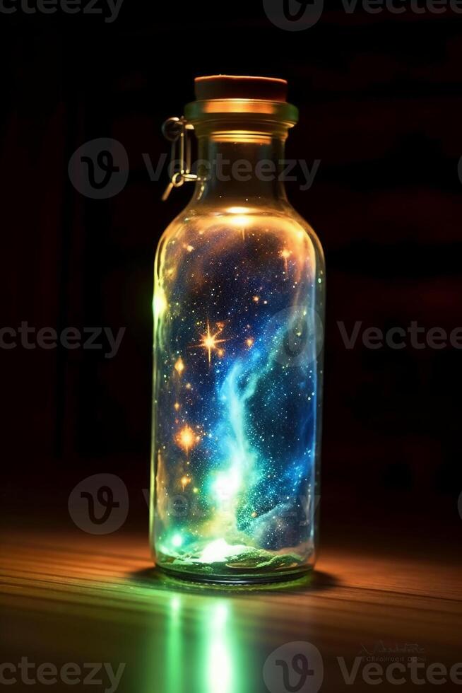 Glowing galaxy in a glass bottle. photo