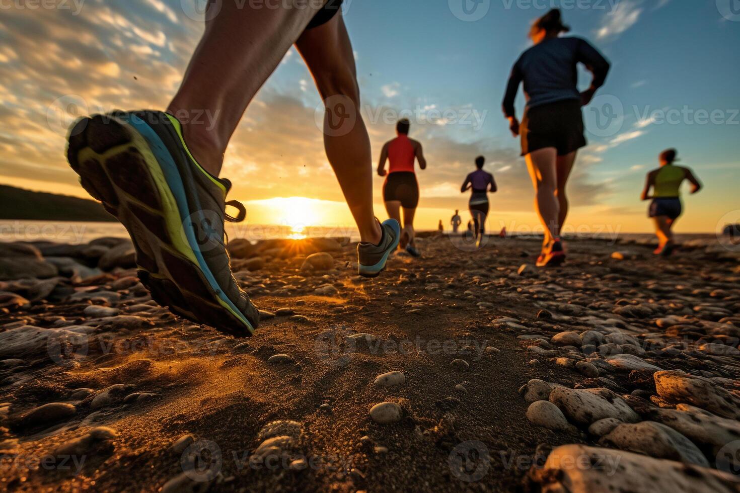 Close up legs runner group running on sunrise seaside trail. photo