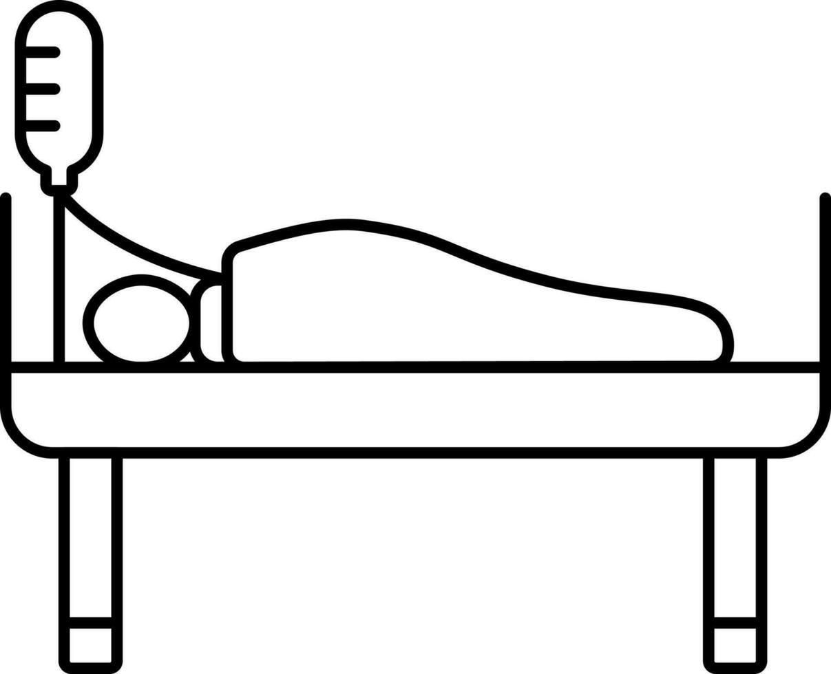 paciente en cama en un goteo icono en negro describir. vector