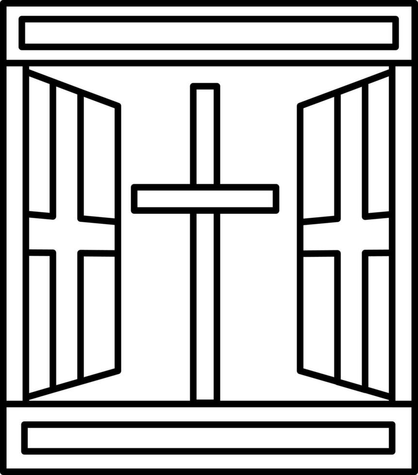 Black Outline Open Window With Christian Cross Icon. vector