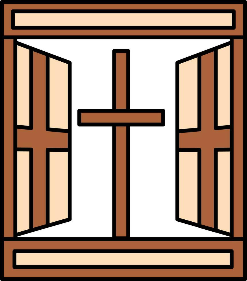 Open Window With Christian Cross Icon In Brown And Peach Color. vector