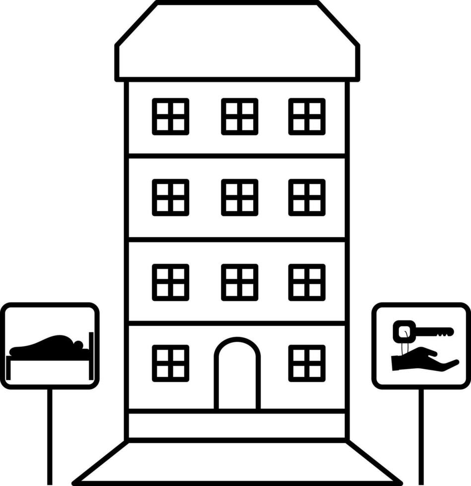 Hostel Or Hotel Building Icon In Black Line Art. vector