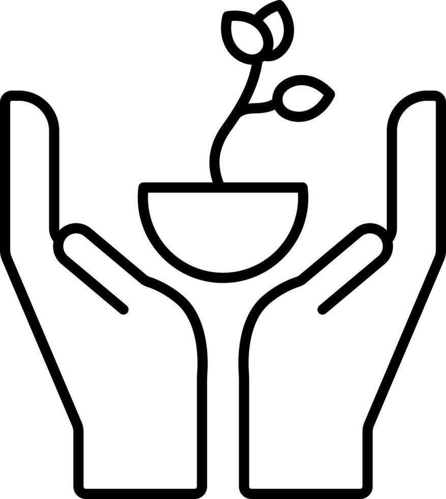 Hands Protect Plant In Black Line Art. vector