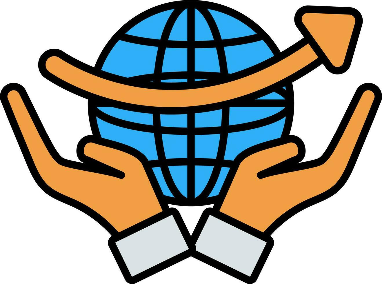 Two Hands Holding Globe Icon In Orange And Blue Color. vector